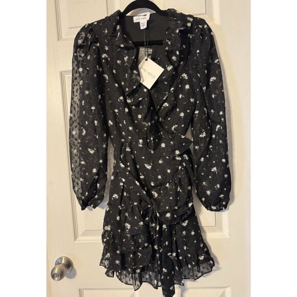 Spring + Mercer Women's Wrap Dress S Swiss Dot Floral Black White Ruffle NEW - Picture 11 of 11